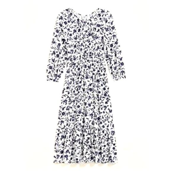 Old Navy White Blue Floral Ruffle Hem Long Sleeve Midi Peasant Dress - Picture 1 of 16
